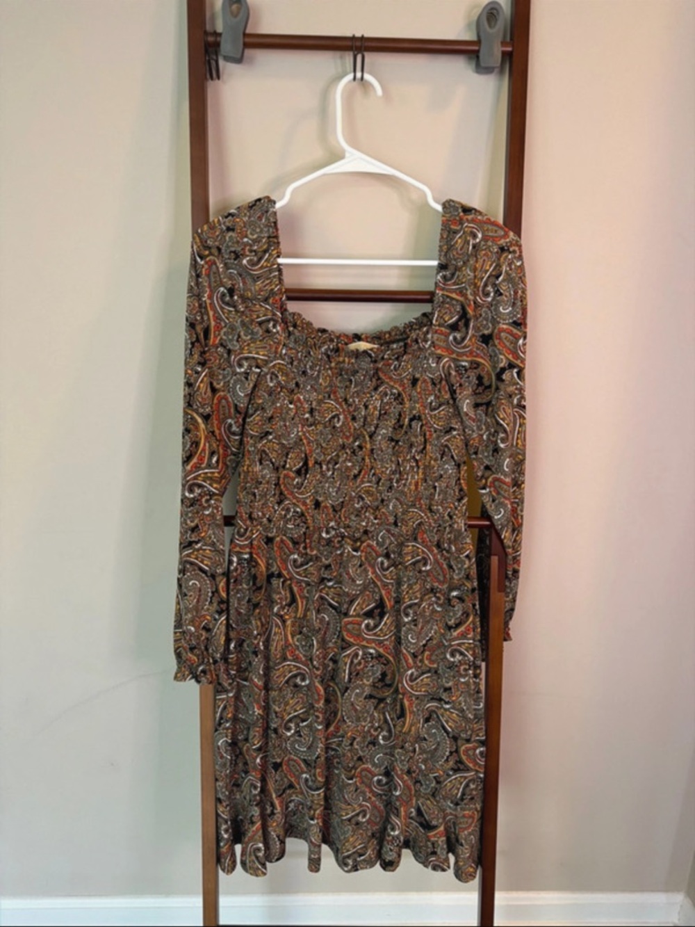 Paisley Smocked Long-Sleeve Midi Dress - Brown